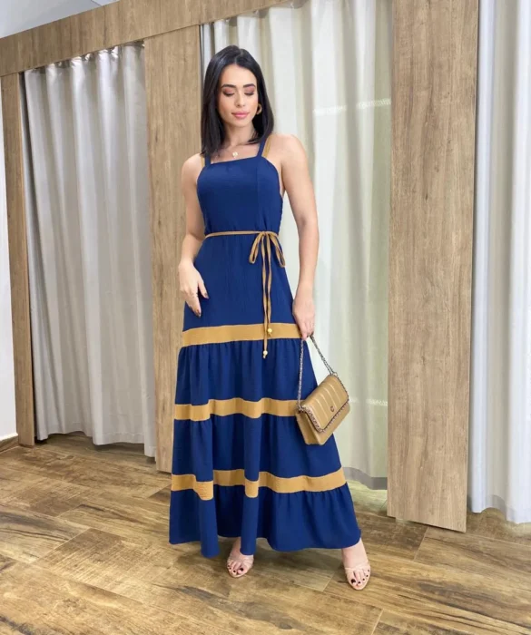 Vestido Longo sem Bojo Azul com Detalhe Caramelo e Amarração - Fernanda Ramos Store