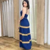 Vestido Longo sem Bojo Azul com Detalhe Caramelo e Amarração - Fernanda Ramos Store