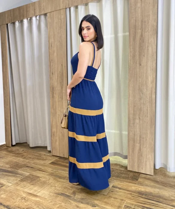 Vestido Longo sem Bojo Azul com Detalhe Caramelo e Amarração - Fernanda Ramos Store