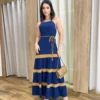 Vestido Longo sem Bojo Azul com Detalhe Caramelo e Amarração - Fernanda Ramos Store