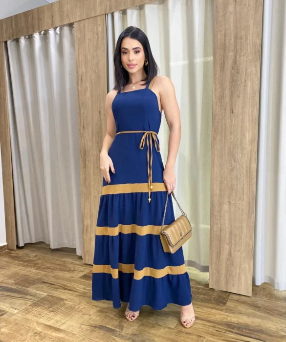 Vestido Longo sem Bojo Azul com Detalhe Caramelo e Amarração - Fernanda Ramos Store