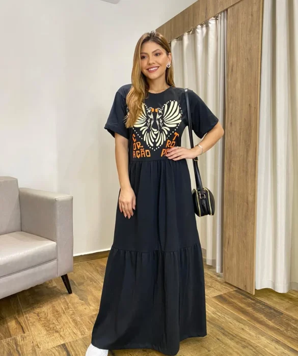 Vestido Longo sem Bojo de Malha Coração Tropical Preto - Fernanda Ramos Store