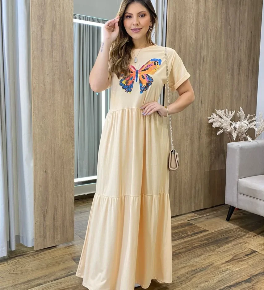 Vestido Longo sem Bojo de Malha Estampa Borboleta Bege - Fernanda Ramos Store