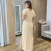 Vestido Longo sem Bojo de Malha Estampa Borboleta Bege - Fernanda Ramos Store