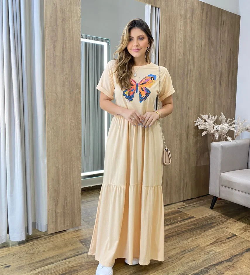 Vestido Longo sem Bojo de Malha Estampa Borboleta Bege - Fernanda Ramos Store