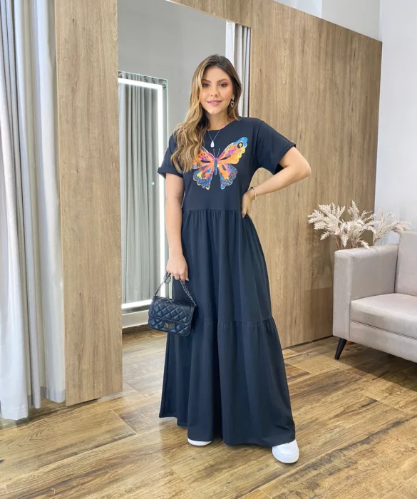 Vestido Longo sem Bojo de Malha Estampa Borboleta Preto - Fernanda Ramos Store