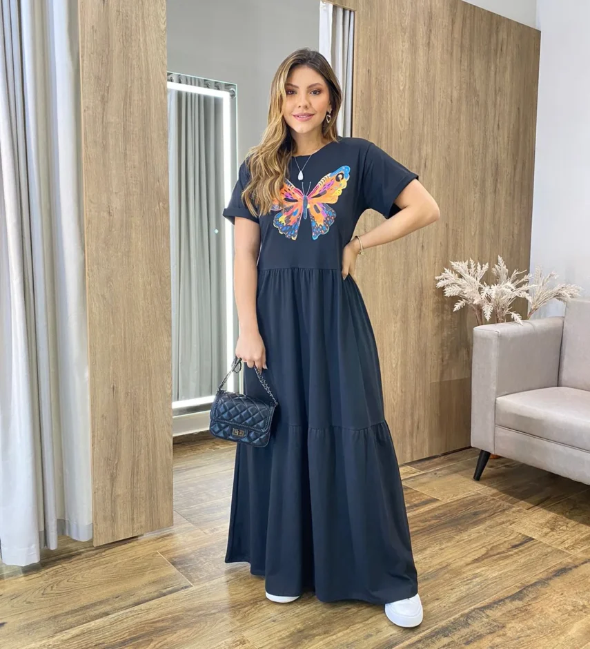Vestido Longo sem Bojo de Malha Estampa Borboleta Preto - Fernanda Ramos Store