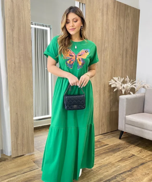 Vestido Longo sem Bojo de Malha Estampa Borboleta Verde - Fernanda Ramos Store