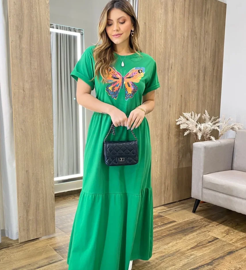 Vestido Longo sem Bojo de Malha Estampa Borboleta Verde - Fernanda Ramos Store