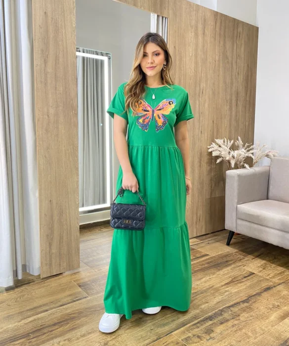 Vestido Longo sem Bojo de Malha Estampa Borboleta Verde - Fernanda Ramos Store