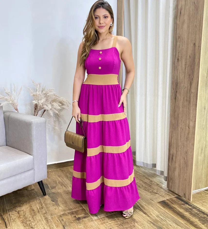 Vestido Longo sem Bojo Fúcsia com Detalhe Caramelo e Botões Falsos - Fernanda Ramos Store