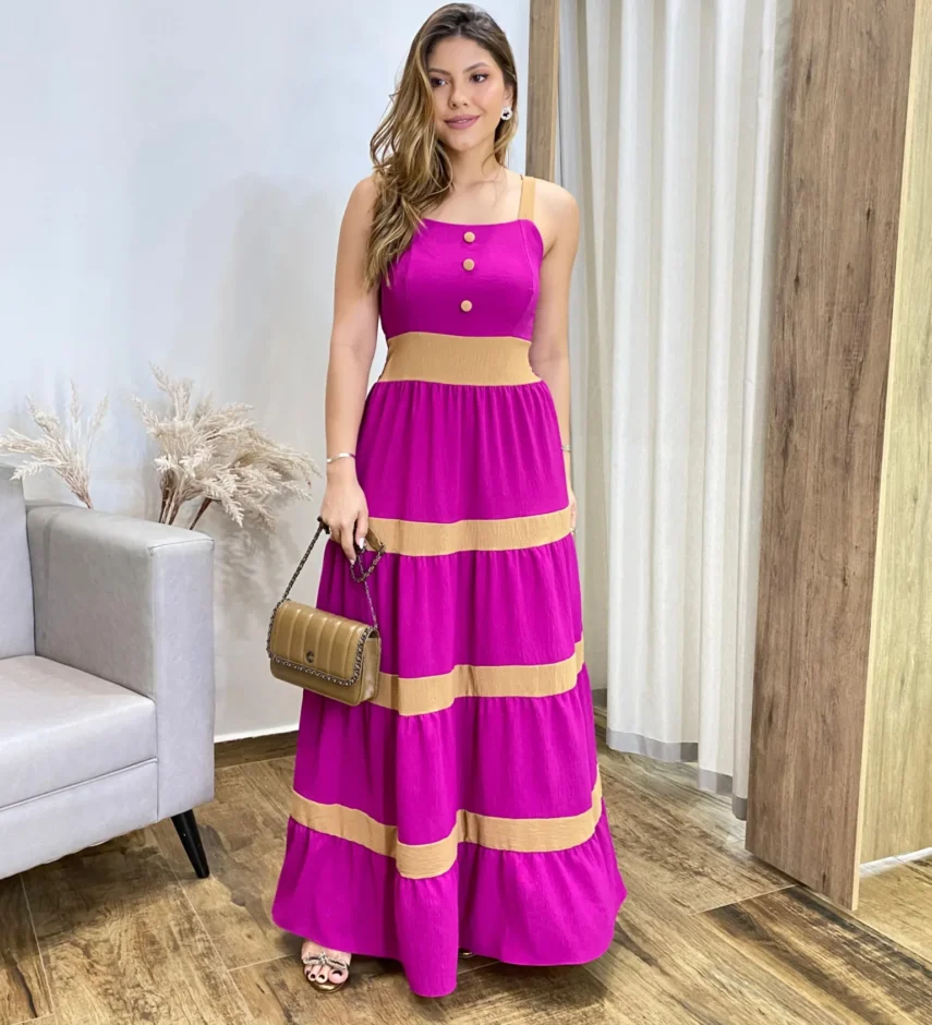 Vestido Longo sem Bojo Fúcsia com Detalhe Caramelo e Botões Falsos - Fernanda Ramos Store
