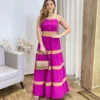 Vestido Longo sem Bojo Fúcsia com Detalhe Caramelo e Botões Falsos - Fernanda Ramos Store