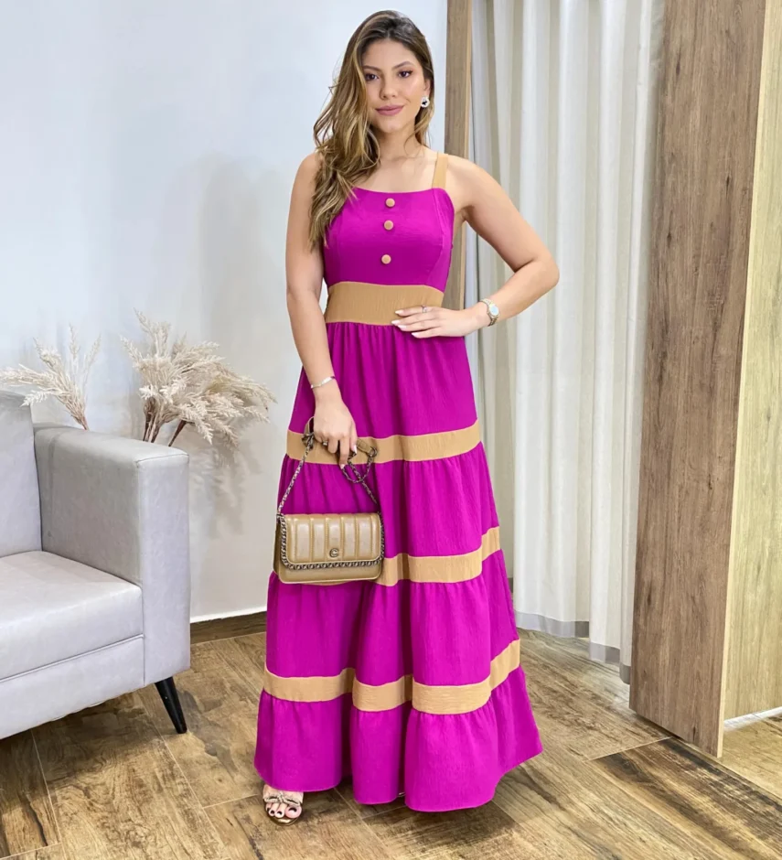 Vestido Longo sem Bojo Fúcsia com Detalhe Caramelo e Botões Falsos - Fernanda Ramos Store