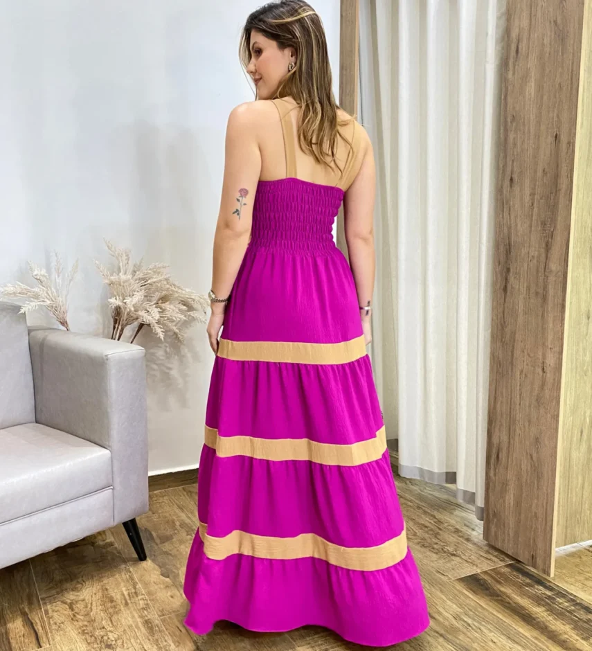Vestido Longo sem Bojo Fúcsia com Detalhe Caramelo e Botões Falsos - Fernanda Ramos Store