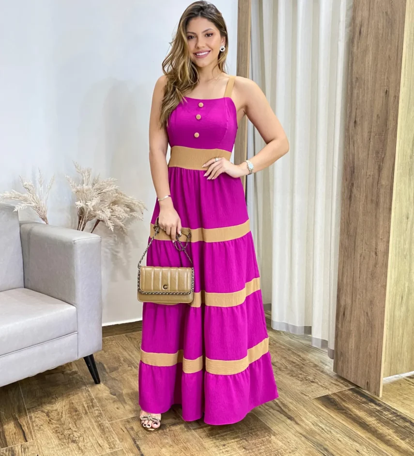 Vestido Longo sem Bojo Fúcsia com Detalhe Caramelo e Botões Falsos - Fernanda Ramos Store