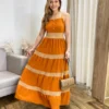 Vestido Longo sem Bojo Terracota com Detalhe Caramelo e Botões Falsos - Fernanda Ramos Store