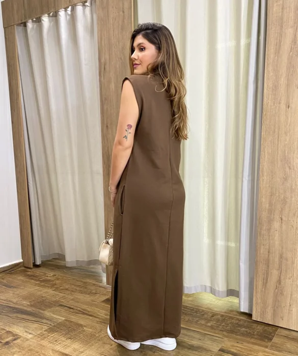 Vestido Longo sem Bojo Moletinho Marrom com Bolsos - Fernanda Ramos Store