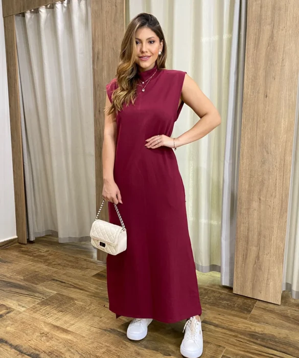 Vestido Longo sem Bojo Moletinho Vinho com Bolsos - Fernanda Ramos Store