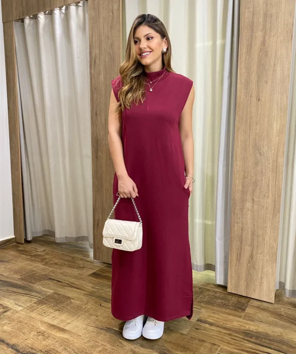 Vestido Longo sem Bojo Moletinho Vinho com Bolsos - Fernanda Ramos Store