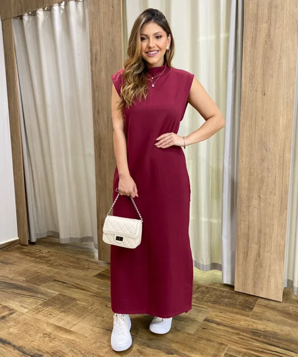 Vestido Longo sem Bojo Moletinho Vinho com Bolsos - Fernanda Ramos Store