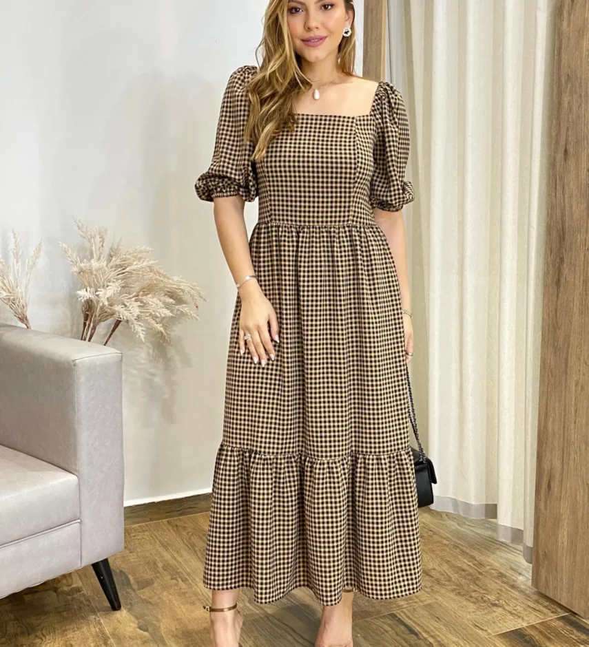 Vestido Midi Alana sem Bojo Manga Princesa Xadrez Bege - Fernanda Ramos Store
