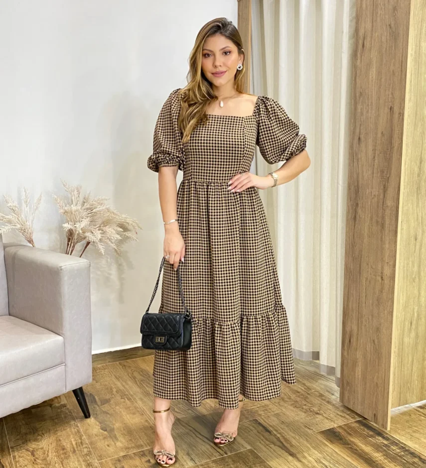 Vestido Midi Alana sem Bojo Manga Princesa Xadrez Bege - Fernanda Ramos Store