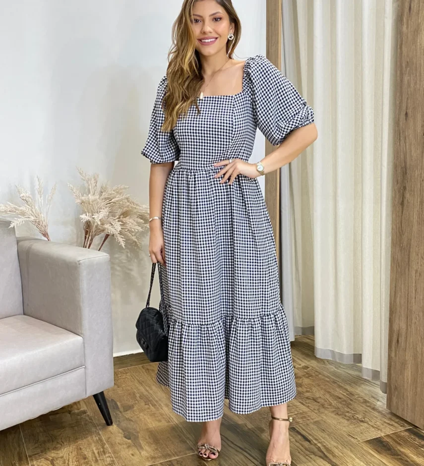 Vestido Midi Alana sem Bojo Manga Princesa Xadrez Preto - Fernanda Ramos Store