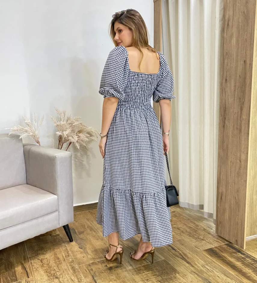 Vestido Midi Alana sem Bojo Manga Princesa Xadrez Preto - Fernanda Ramos Store