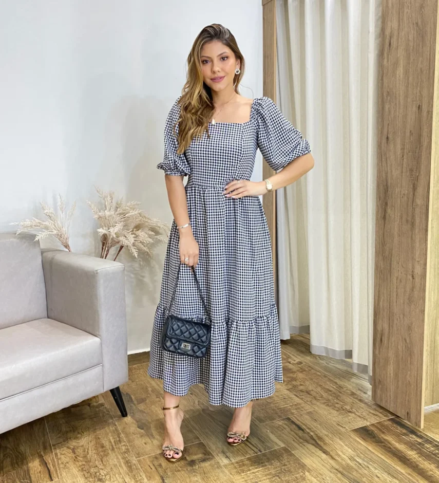 Vestido Midi Alana sem Bojo Manga Princesa Xadrez Preto - Fernanda Ramos Store