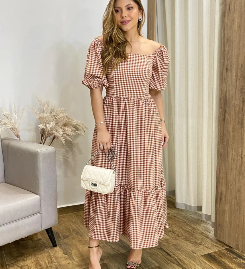 Vestido Midi Alana sem Bojo Manga Princesa Xadrez Terracota - Fernanda Ramos Store