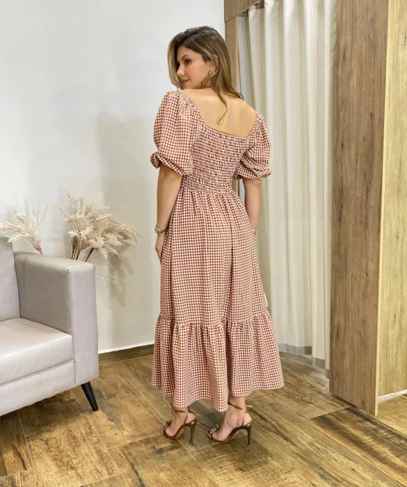 Vestido Midi Alana sem Bojo Manga Princesa Xadrez Terracota - Fernanda Ramos Store