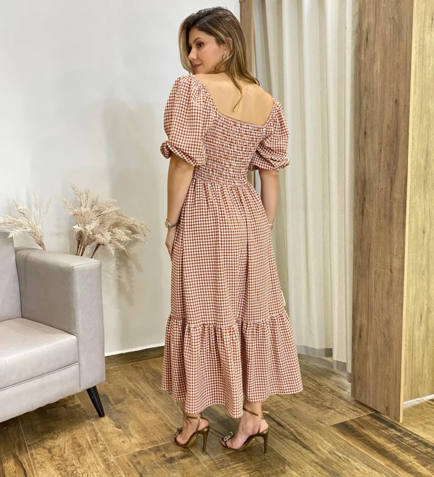 Vestido Midi Alana sem Bojo Manga Princesa Xadrez Terracota - Fernanda Ramos Store