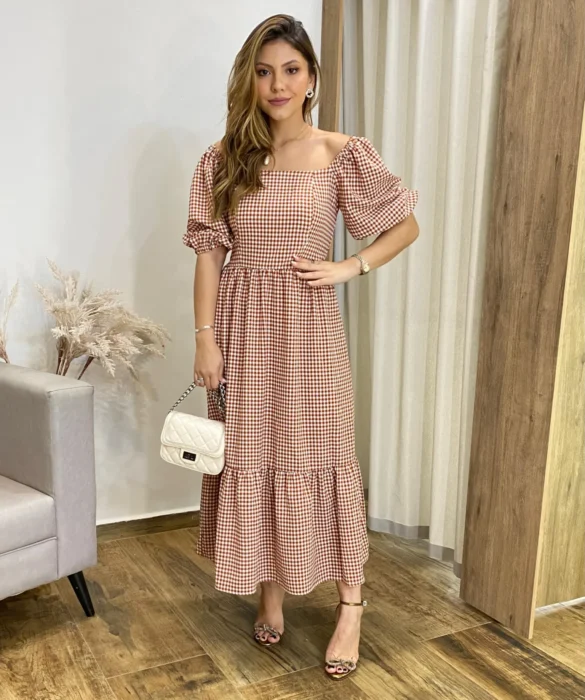 Vestido Midi Alana sem Bojo Manga Princesa Xadrez Terracota - Fernanda Ramos Store