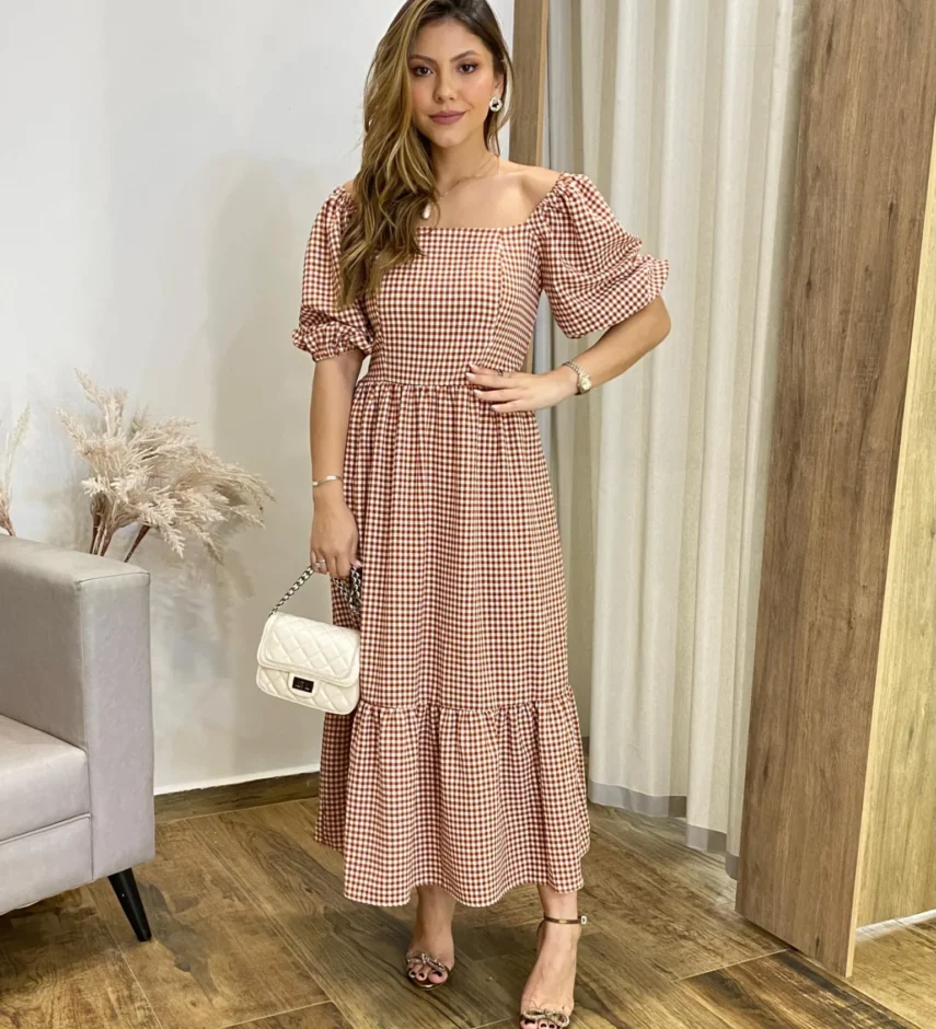 Vestido Midi Alana sem Bojo Manga Princesa Xadrez Terracota - Fernanda Ramos Store