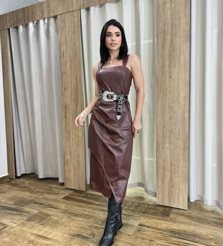Vestido Midi Feminino Stella com Bojo Couro Eco Marrom - Fernanda Ramos Store