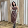 Vestido Midi Feminino Stella com Bojo Couro Eco Marrom - Fernanda Ramos Store