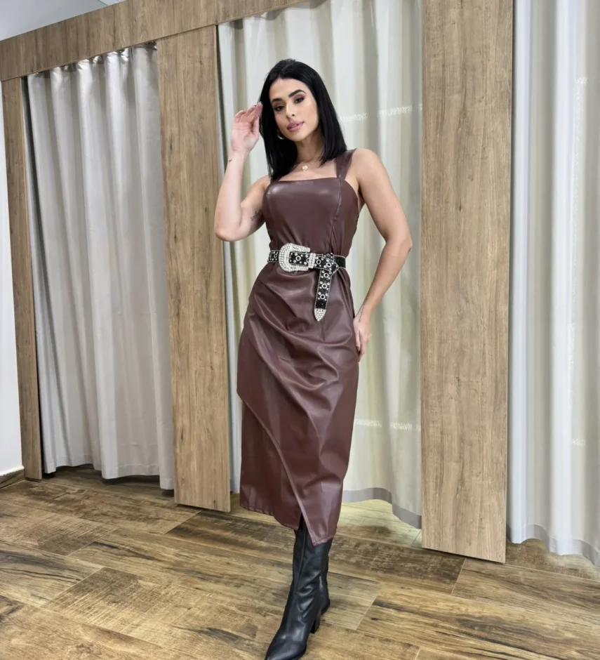 Vestido Midi Feminino Stella com Bojo Couro Eco Marrom - Fernanda Ramos Store