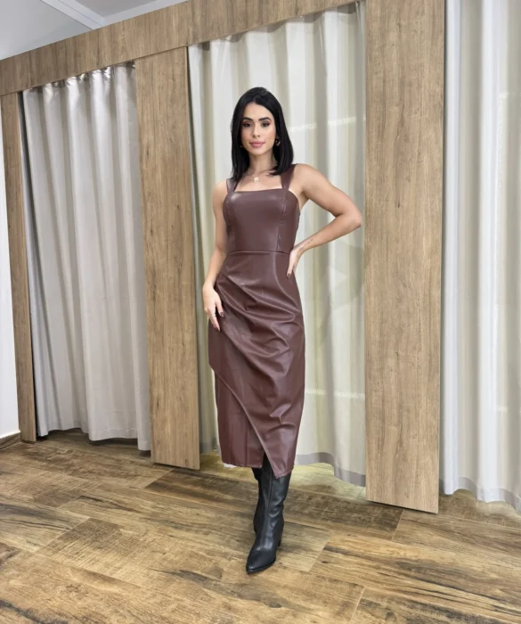 Vestido Midi Feminino Stella com Bojo Couro Eco Marrom - Fernanda Ramos Store