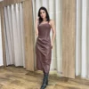 Vestido Midi Feminino Stella com Bojo Couro Eco Marrom - Fernanda Ramos Store