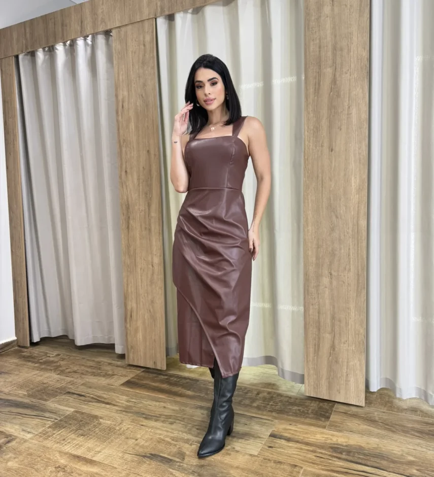 Vestido Midi Feminino Stella com Bojo Couro Eco Marrom - Fernanda Ramos Store
