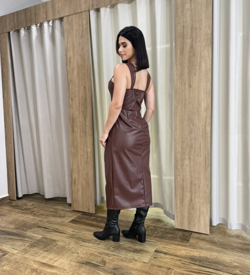 Vestido Midi Feminino Stella com Bojo Couro Eco Marrom - Fernanda Ramos Store
