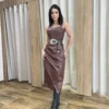 Vestido Midi Feminino Stella com Bojo Couro Eco Marrom - Fernanda Ramos Store