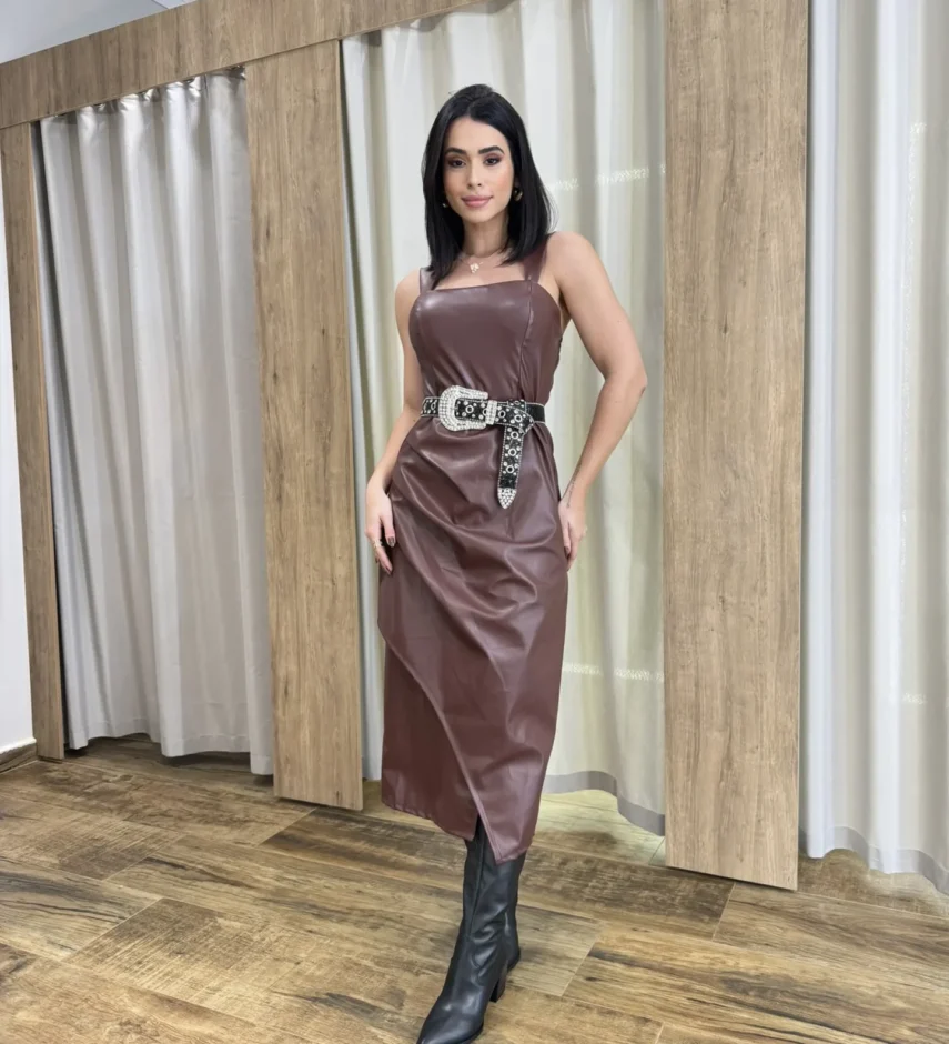 Vestido Midi Feminino Stella com Bojo Couro Eco Marrom - Fernanda Ramos Store