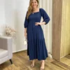 Vestido Midi Jade sem Bojo Manga 3/4 com Bolsos Azul Petróleo - Fernanda Ramos Store
