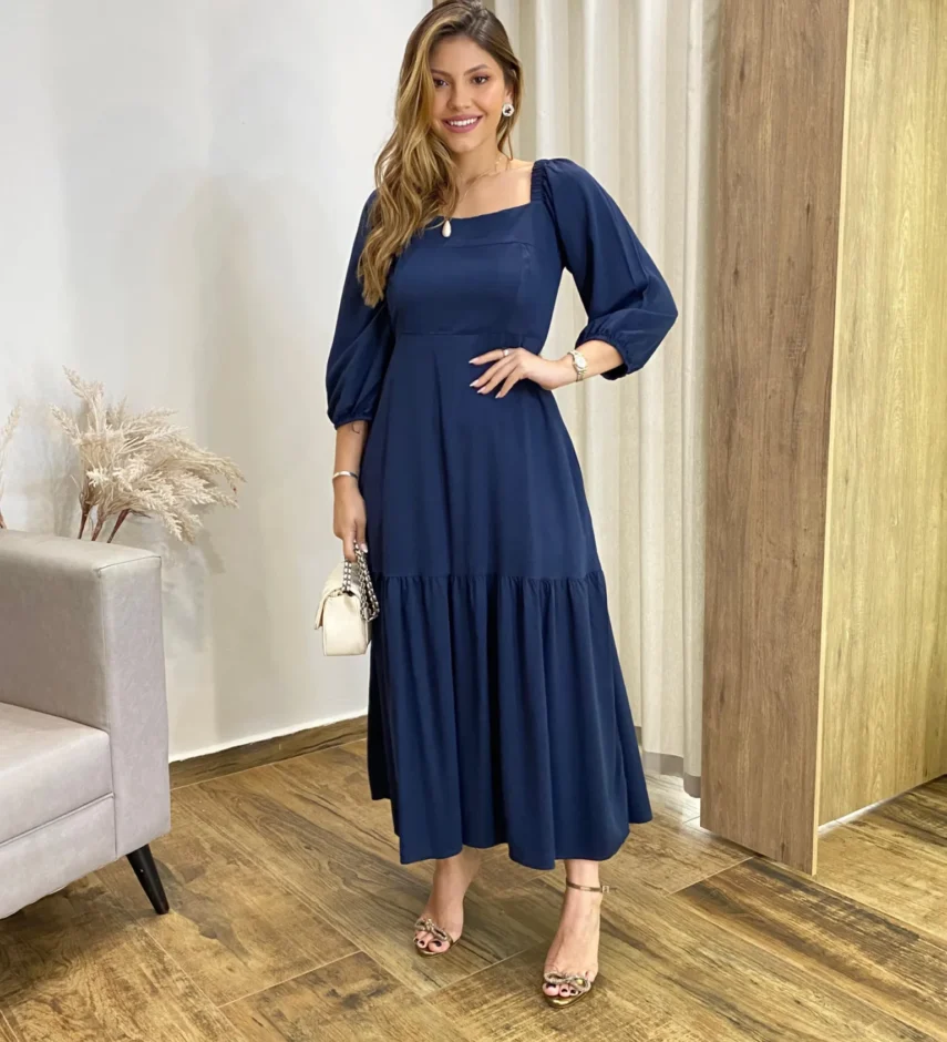 Vestido Midi Jade sem Bojo Manga 3/4 com Bolsos Azul Petróleo - Fernanda Ramos Store