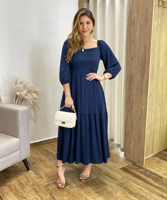 Vestido Midi Jade sem Bojo Manga 3/4 com Bolsos Azul Petróleo - Fernanda Ramos Store