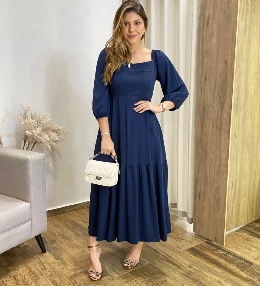 Vestido Midi Jade sem Bojo Manga 3/4 com Bolsos Azul Petróleo - Fernanda Ramos Store
