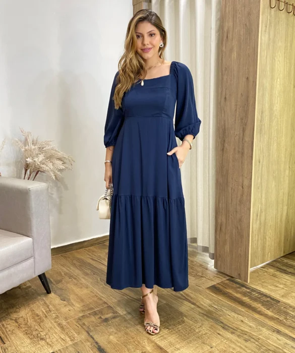 Vestido Midi Jade sem Bojo Manga 3/4 com Bolsos Azul Petróleo - Fernanda Ramos Store