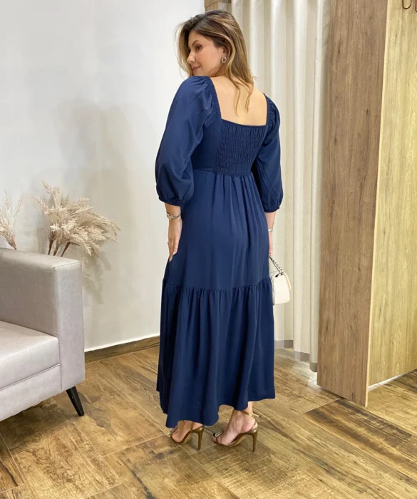 Vestido Midi Jade sem Bojo Manga 3/4 com Bolsos Azul Petróleo - Fernanda Ramos Store